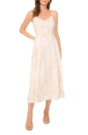 Vince Camuto Floral Godet Pleat Linen Blend Dress In Oyster Grey