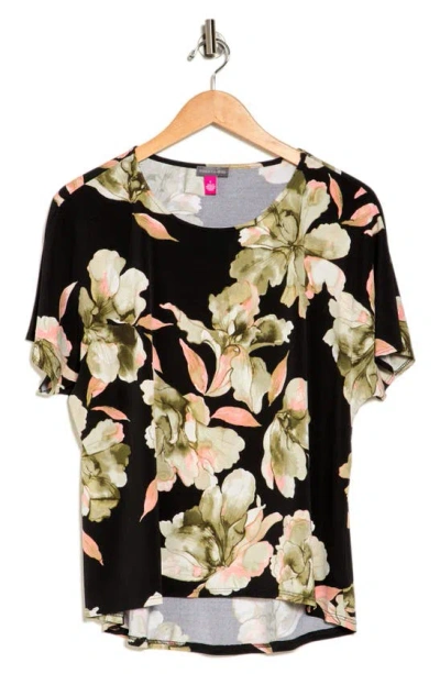 Vince Camuto Floral High-low Knit Top In Black/ Olive/ Coral