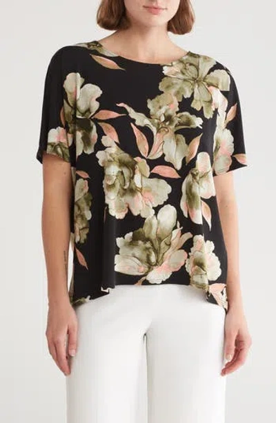 Vince Camuto Floral High-low Knit Top In Black/olive/coral