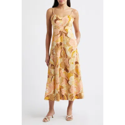Vince Camuto Floral Linen Blend Midi Dress In Brown