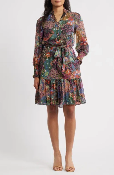 Vince Camuto Floral Long Sleeve Chiffon Fit & Flare Dress In Blue