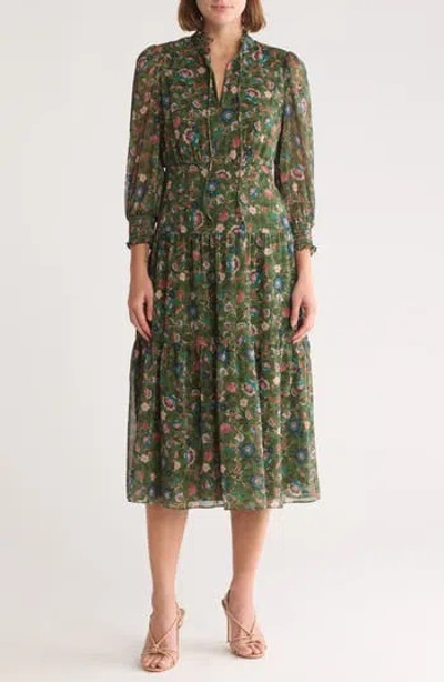 Vince Camuto Floral Long Sleeve Chiffon Midi Dress In Olive