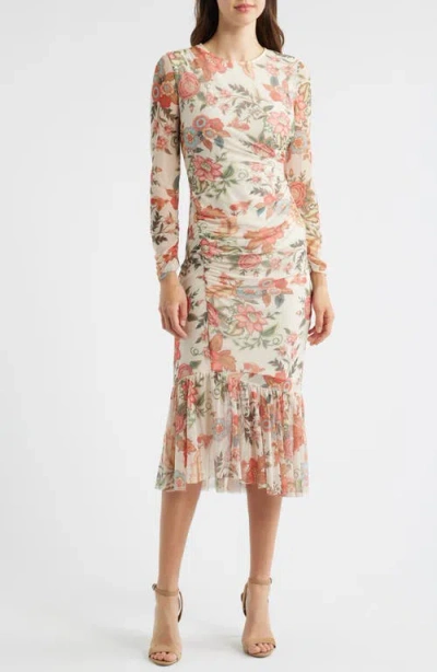 Vince Camuto Floral Long Sleeve Mesh Midi Dress In White