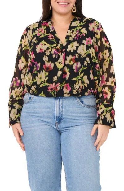 Vince Camuto Plus Size Floral-print V-neck Blouse In Rich Black