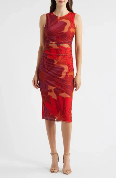 Vince Camuto Floral Mesh Body-con Midi Dress In Red