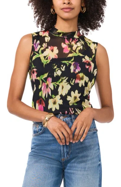 Vince Camuto Floral Mesh Tank In Rich Black
