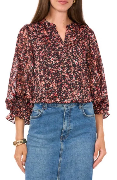 VINCE CAMUTO VINCE CAMUTO FLORAL METALLIC SPLIT NECK TOP