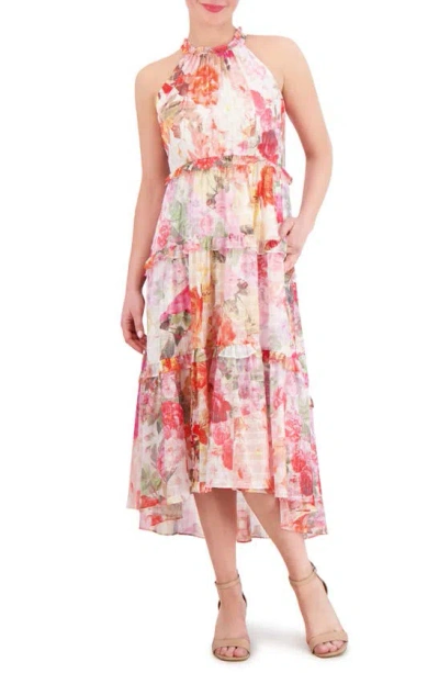 Vince Camuto Floral Metallic Stripe High-low Tiered Midi Dress In Pink