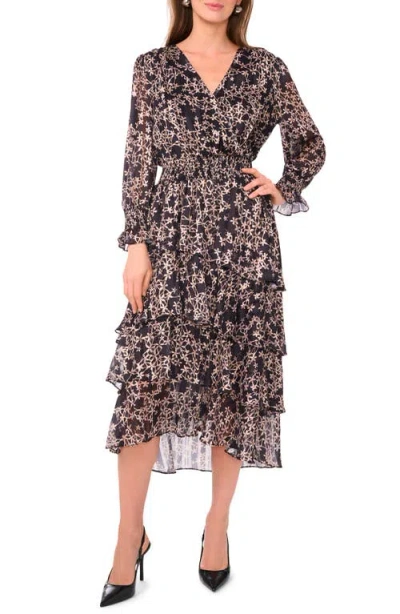 Vince Camuto Floral Metallic Stripe Long Sleeve Tiered Maxi Dress In Black
