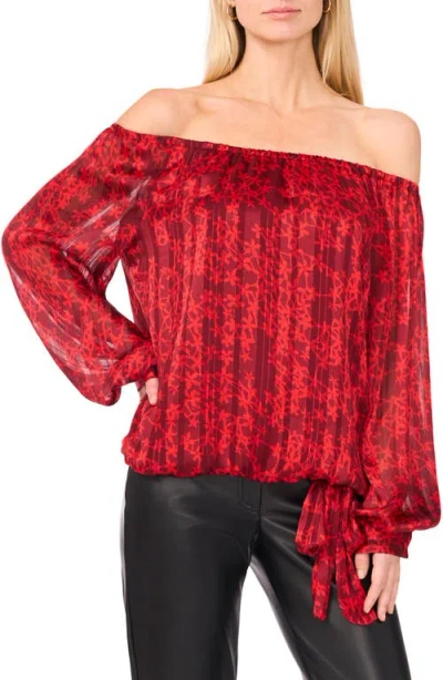 Vince Camuto Floral Metallic Stripe Off The Shoulder Top In Red