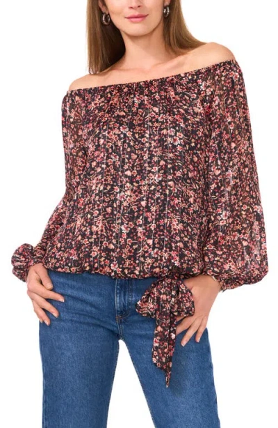 Vince Camuto Floral Metallic Stripe Off The Shoulder Top In Rich Black