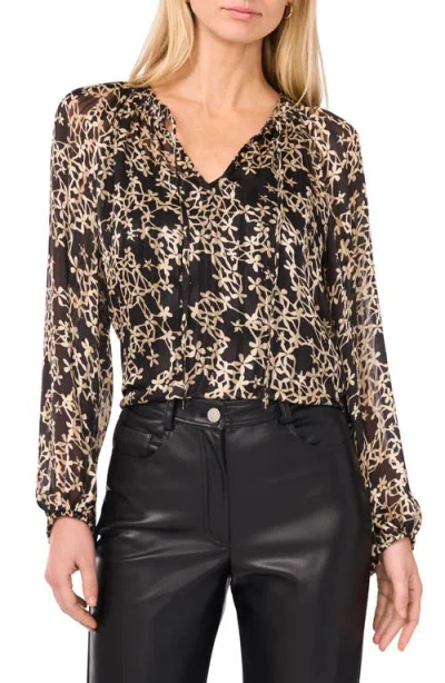 Vince Camuto Floral Metallic Stripe Satin Top In Black