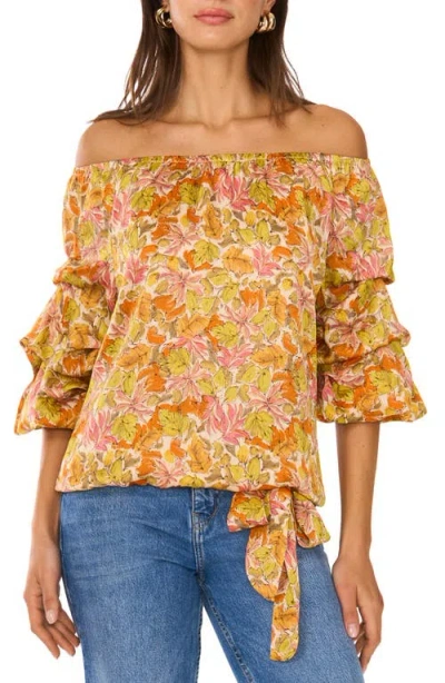 Vince Camuto Floral Off The Shoulder Bubble Sleeve Top In Crushed Orange