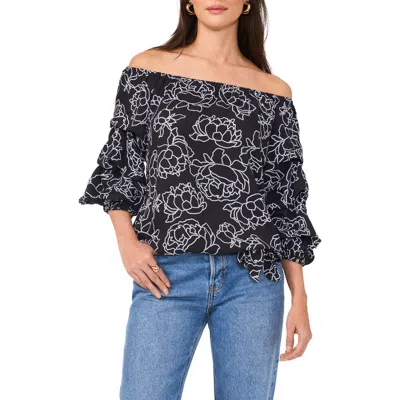 Vince Camuto Floral Off The Shoulder Bubble Sleeve Top In Rich Black