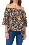 Vince Camuto Floral Off The Shoulder Bubble Sleeve Blouse In Rich Black