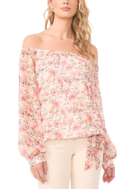 Vince Camuto Floral Off The Shoulder Tie Hem Top In Pink