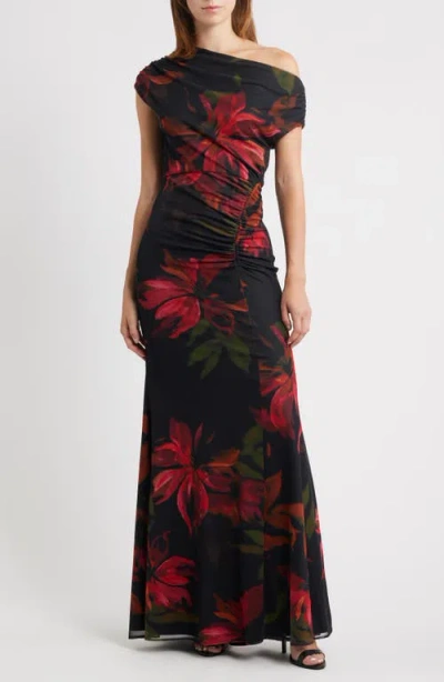 Vince Camuto Floral One-shoulder Mesh Gown In Multi