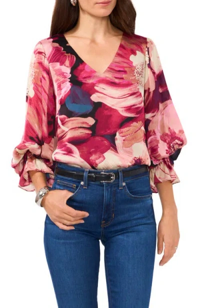 Vince Camuto Floral Print Bishop Sleeve Top In Rich Black/pink Multi