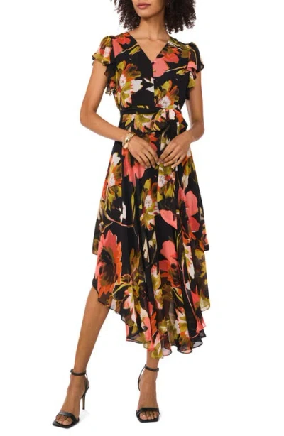 Vince Camuto Floral Print Flutter Sleeve Asymmetric Midi Dress In Coral