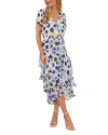 Vince Camuto Floral Print Flutter Sleeve Tiered Ruffle Midi Dress In Ultra Whit