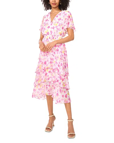 Vince Camuto Floral Print Flutter Sleeve Tiered Ruffle Midi Dress In Violet Blush