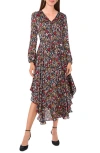 Vince Camuto Floral Long Sleeve Asymmetric Hem Dress In Rich Black