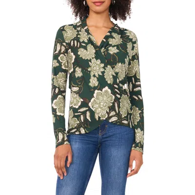 Vince Camuto Floral Print Long Sleeve Faux Wrap Top In Green