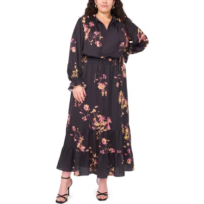 Vince Camuto Floral Print Long Sleeve Maxi Dress In Black