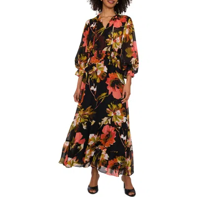 Vince Camuto Floral Print Long Sleeve Maxi Dress In Coral