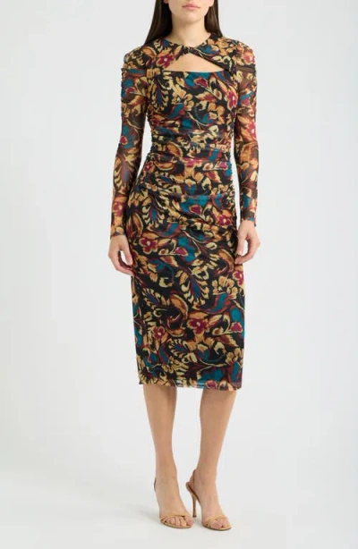 Vince Camuto Floral Print Long Sleeve Mesh Midi Dress In Multi