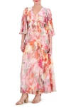 VINCE CAMUTO FLORAL PRINT PLEATED CHIFFON MAXI DRESS
