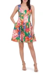 Vince Camuto Floral Print Pleated Scuba Fit & Flare Dress In Green