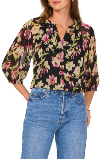 Vince Camuto Floral Print Raglan Sleeve Button-up Top In Black