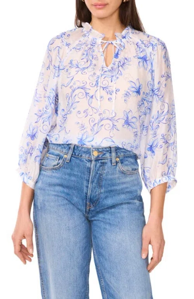 Vince Camuto Floral Print Raglan Sleeve Peasant Top In Lucent White