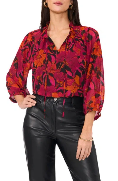 Vince Camuto Floral Print Raglan Sleeve Shirt In Cherry Noir