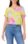 Vince Camuto Floral Print Rolled Cuff Top In Lime Green