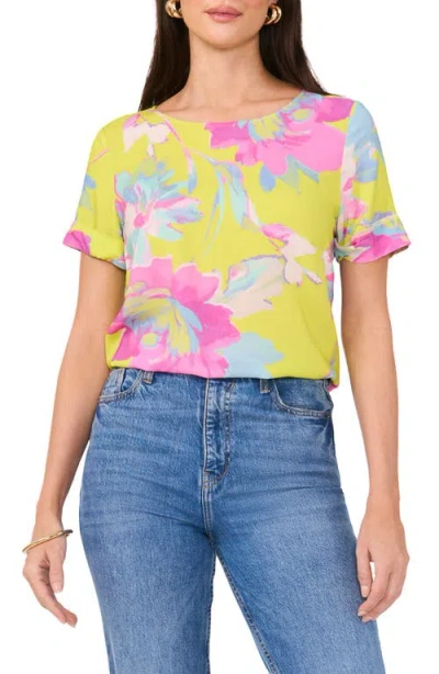 Vince Camuto Floral Print Rolled Cuff Top In Lime Green