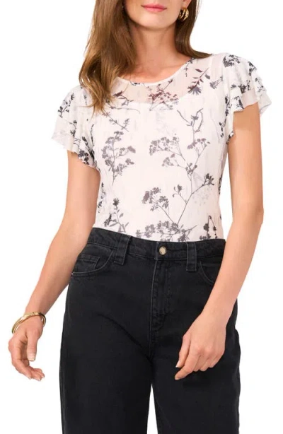 Vince Camuto Floral Print Ruffle Sleeve Mesh Top In Arctic White