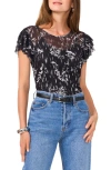 Vince Camuto Floral Print Ruffle Sleeve Mesh Top In Rich Black