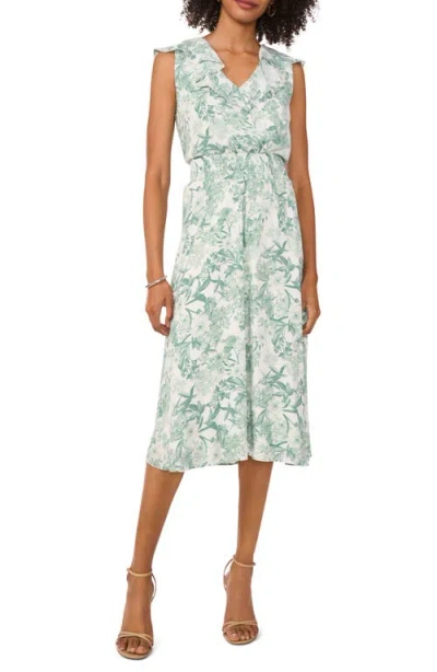 Vince Camuto Floral Print Ruffle Smocked Waist Midi Dress In Brook Green