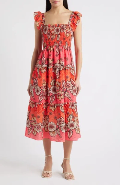 Vince Camuto Floral Print Smock Midi Dress In Orange