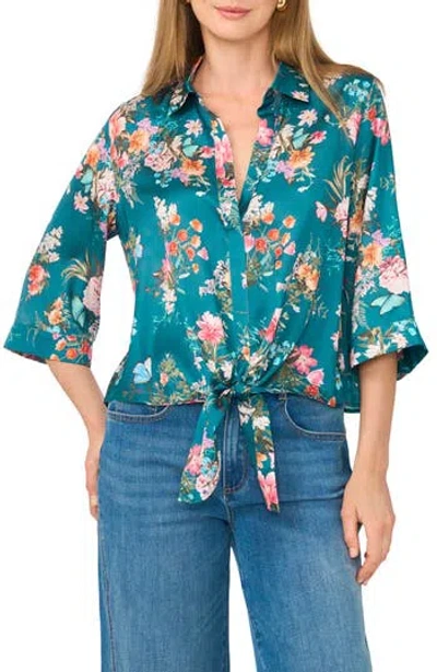 Vince Camuto Floral Print Tie Front Blouse In Blue