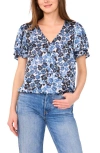 Vince Camuto Floral Print Tulip Sleeve Wrap Top In Blue