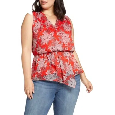 Vince Camuto Floral Print V-neck Asymmetrical Chiffon Blouse In Red
