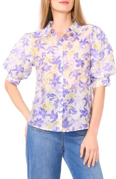 Vince Camuto Floral Puff Sleeve Button-up Shirt In Purple