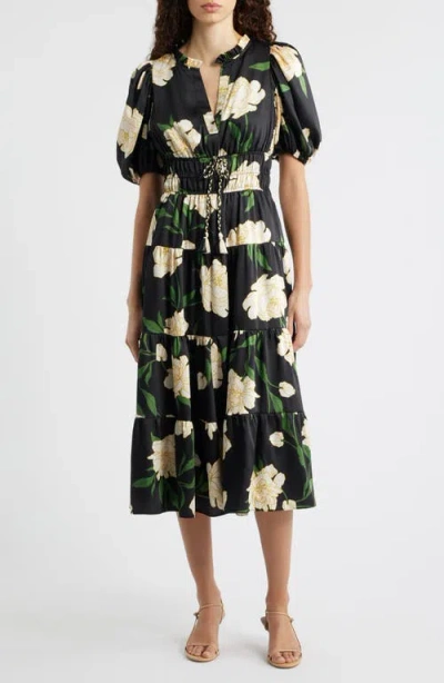 Vince Camuto Floral Puff Sleeve Midi Dress In Black