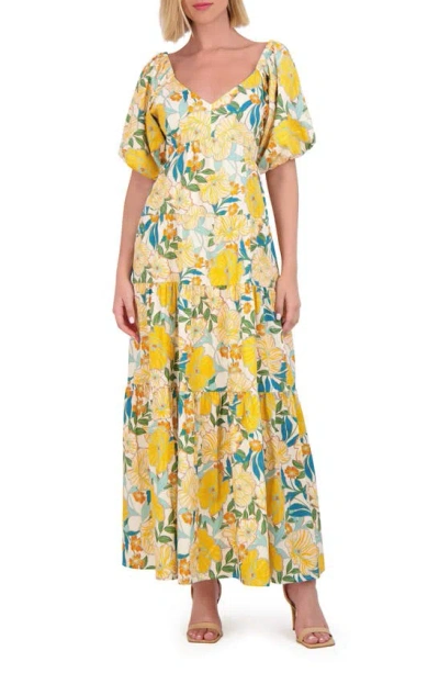 Vince Camuto Floral Puff Sleeve Open Back Maxi Dress In Ivory Multi