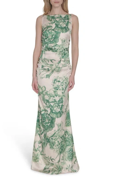 Vince Camuto Floral Ruched Waist Satin Gown In Green