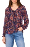 Vince Camuto Floral Ruffle Detail Long Sleeve Top In Blue
