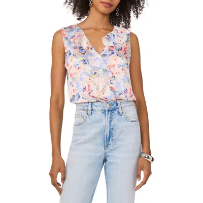 Vince Camuto Floral Ruffle Detail Sleeveless Top In Ultra White